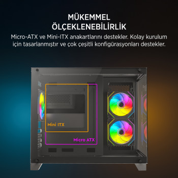 James Donkey Stark S700 3xARGB Temperli Cam 650W 80+ Bronze mATX Siyah Gaming (Oyuncu) Kasa